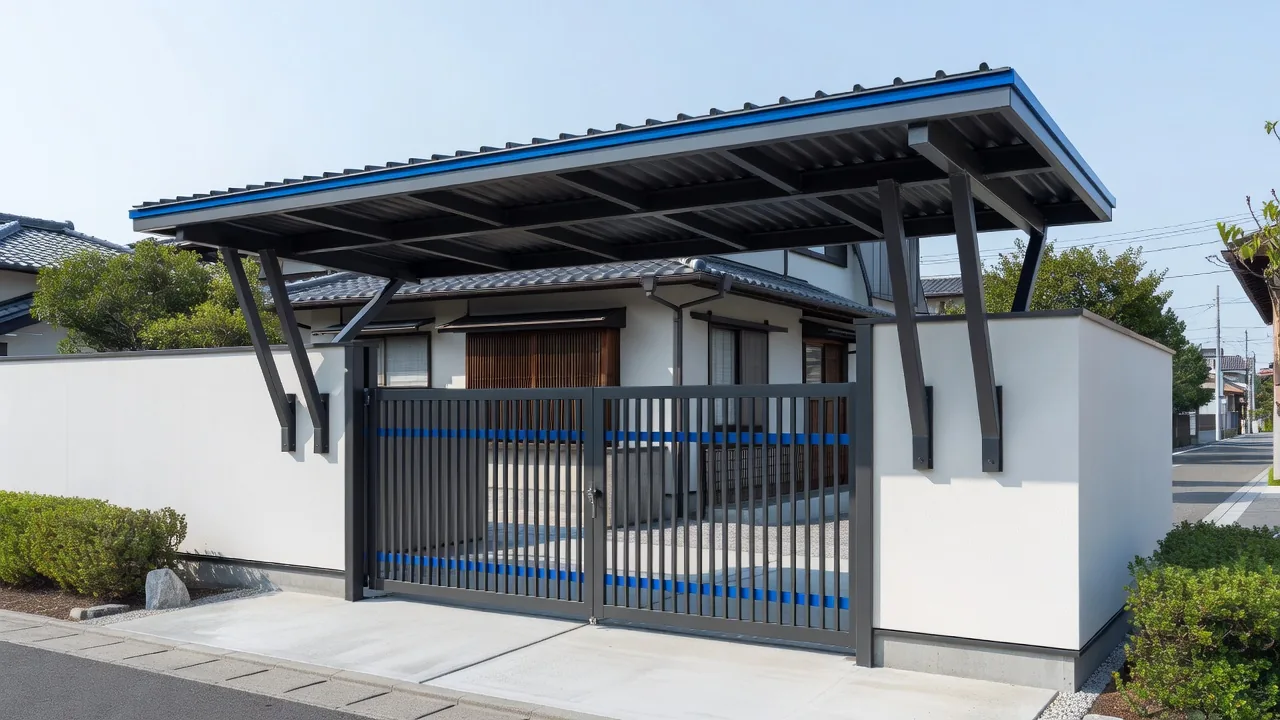 住宅の車寄せに設置された金属製の庇とゲート