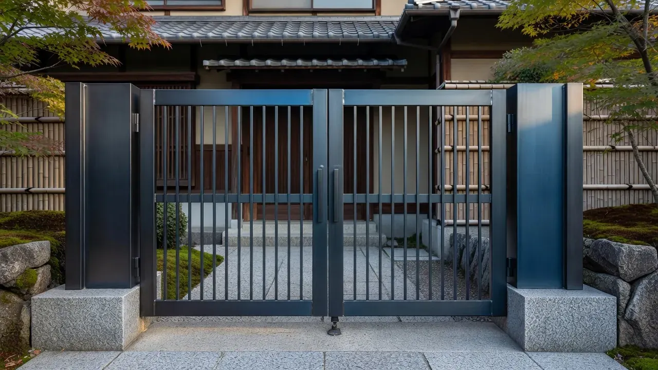 住宅に設置されたモダンなスチール製両開き門扉