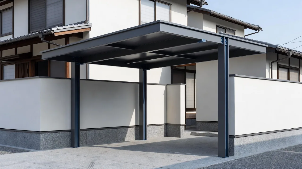 住宅に設置されたモダンなスチール製カーポート