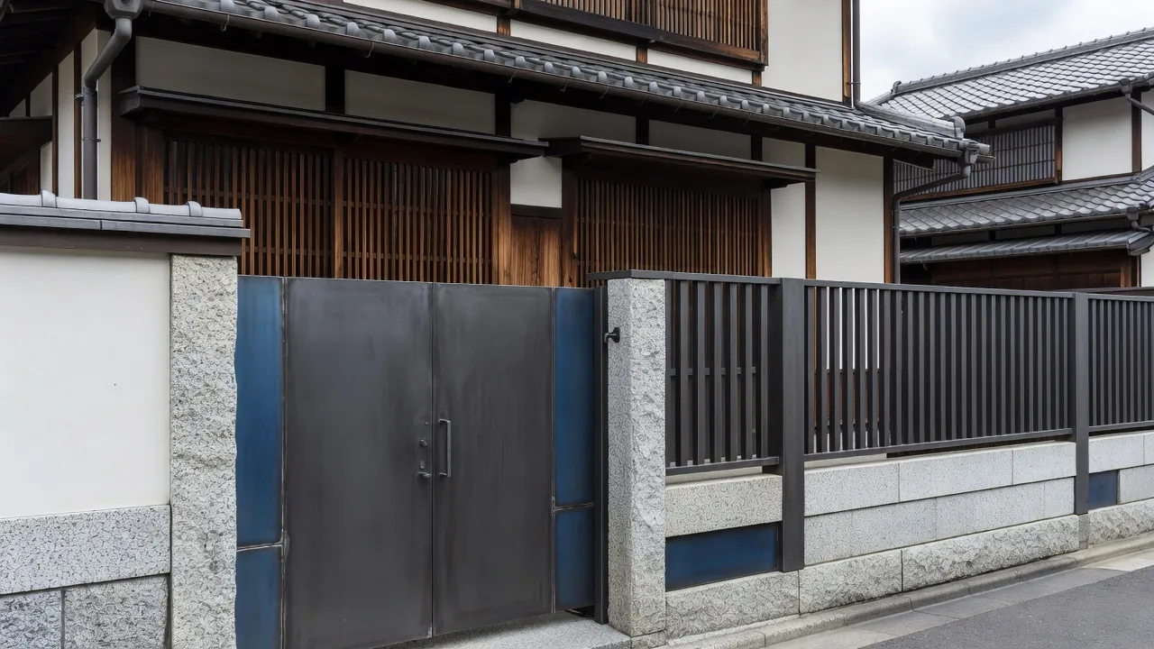 京町家の外観に合わせて改修したスチール製門扉