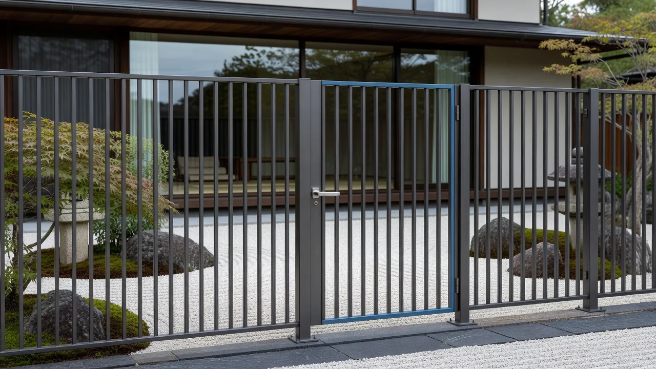 住宅の庭に設置された縦格子デザインのスチールフェンス